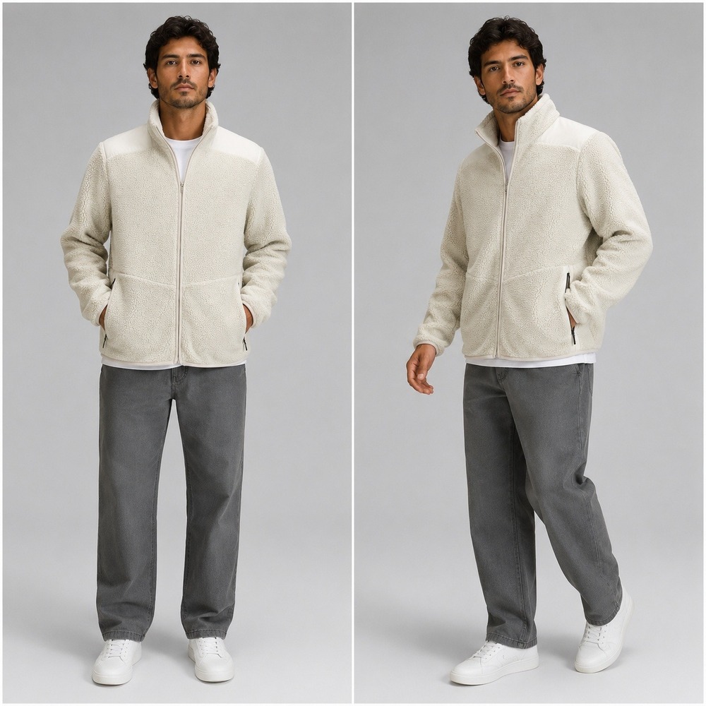 Cuts Clothing Mens XXL Sherpa Fleece Full Zip Jacket Cream Off White Mock Neck